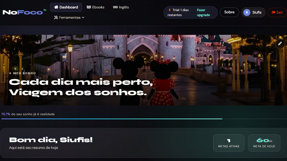 Dashboard NoFoco25 mostrando progresso do sonho pessoal
